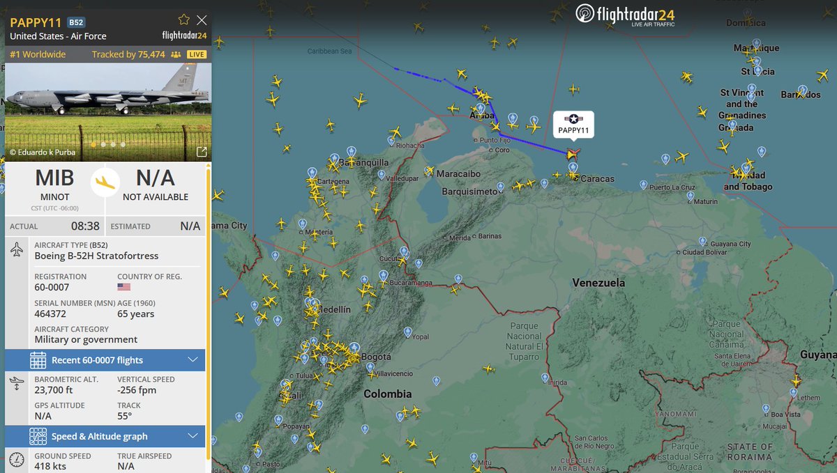 75k+ people are tracking a B-52 Stratofortress with two F/A-18 Super Hornets just north of Caracas, Venezuela.