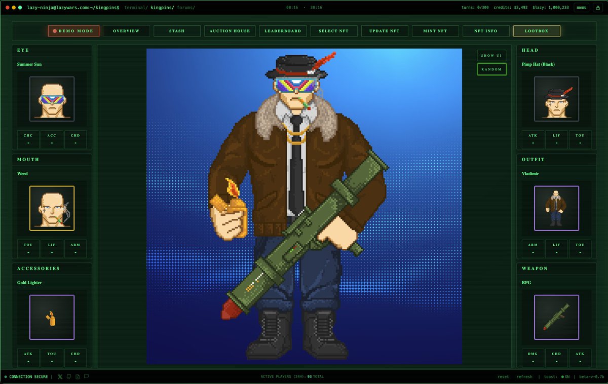 adidogCEO's tweet image. Lazywars: Kingpins NFT collection game's demo is now live at lazywars.com webapp (desktop+mobile)

The goal /w lazywars was to recreate the viral scarcity driven text-based progression UX of Pimpwars and improve on it with modern tech stacks

It was a side-project to…