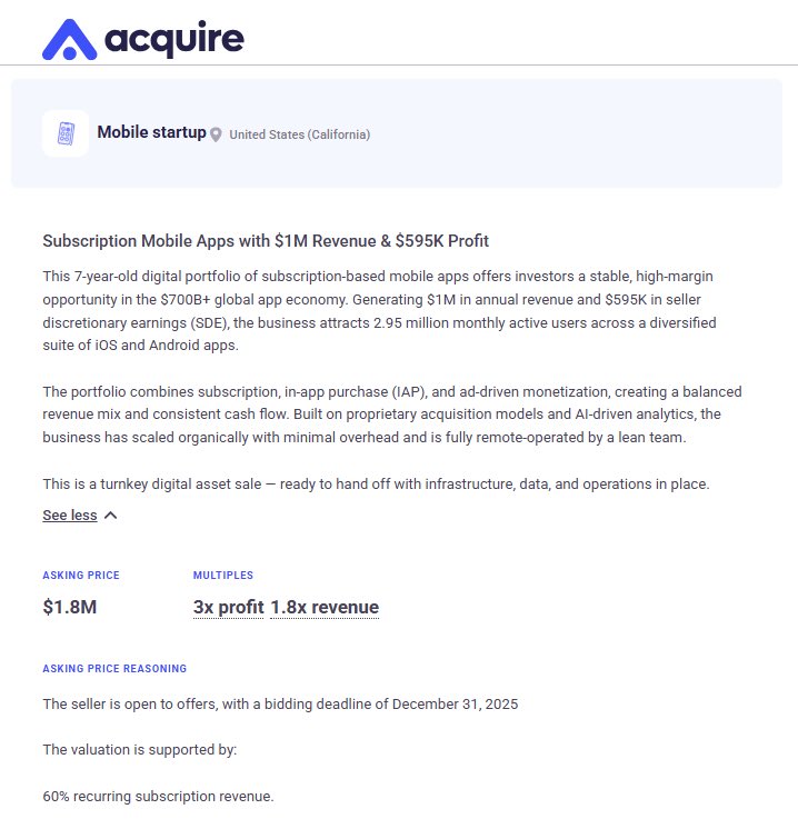 素晴らしいアプリのポートフォリオが@acquiredotcomに掲載されました
TTM収益100万ドル以上
> 595,000ドルのTTM利益
月間アクティブユーザー数295万人以上
スリムなチーム、多様な収益構成、強力な継続ベース。