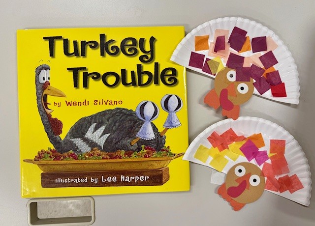 LoriTecler's tweet image. In honor of Thanksgiving our school community based special education  class listened to TURKEY TROUBLE by Wendi Silvano w/art by Lee Harper  with a @Novel_Effect soundscape, then made fun &amp;amp; festive paper plate turkeys. #SchoolLibrary #kidlit