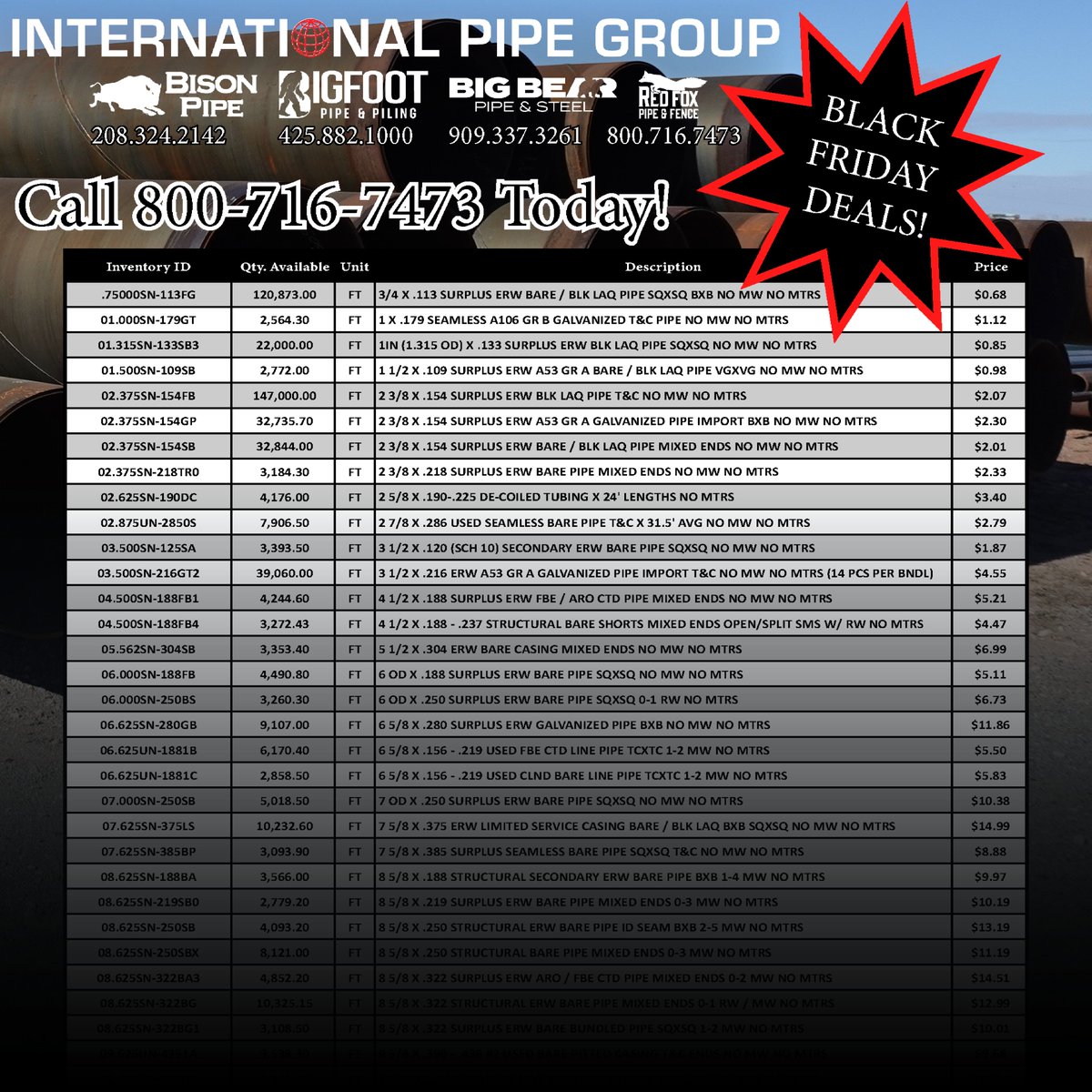 BisonPipe's tweet image. Black Friday Deal List is here! Browse the full list here:  internationalpipe.com/wp-content/upl…

#BisonPipe #SteelPipe #BlackFridayDeals