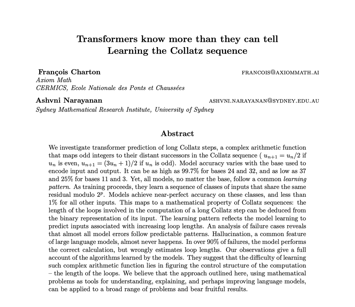 CarinaLHong's tweet image. Check out this new paper by @f_charton and collaborators! 
Come predict long Collatz steps with us here at Axiom.

arxiv.org/abs/2511.10811