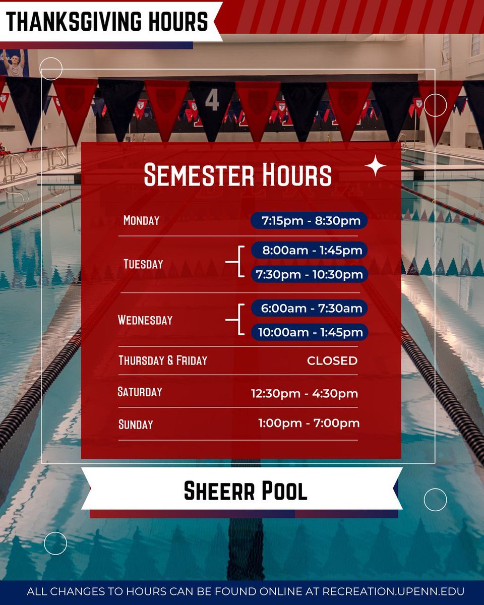 Heads up, Quakers! 🦃

Our facility hours are adjusted this week for the Thanksgiving holiday.
Swipe to see when Pottruck, Fox Fitness Center, Sheerr Pool, and the Climbing Wall are open so you can plan your workouts accordingly  ❤️💙