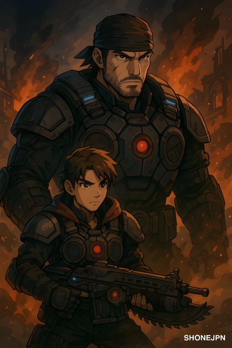 ShonenJPN's tweet image. A fierce anime warrior forged in a world of fire and metal.
Inspired by the brutal energy of Gears of War.
#shonenjpn #aiart #anime #gearsofwar #gow