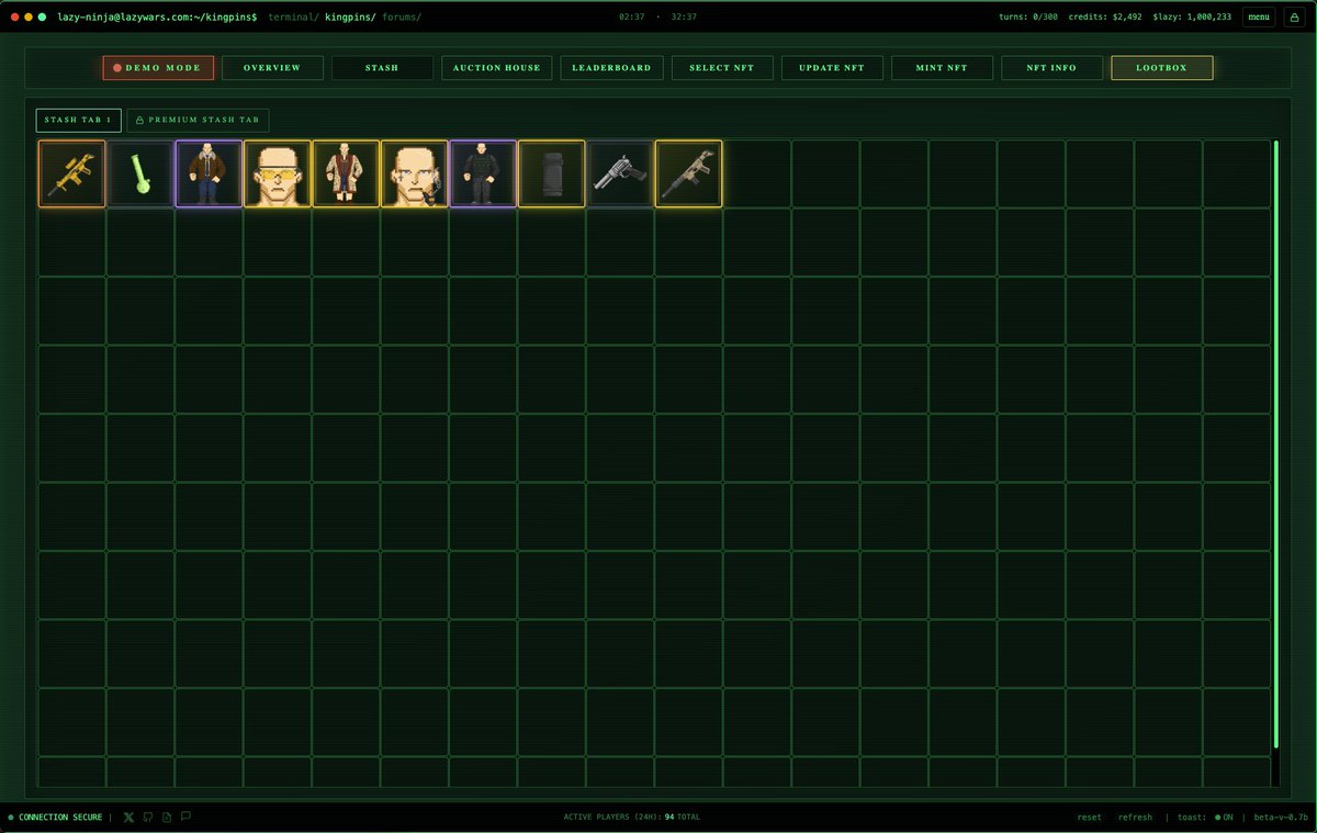 adidogCEO's tweet image. Lazywars: Kingpins NFT collection game's demo is now live at lazywars.com webapp (desktop+mobile)

The goal /w lazywars was to recreate the viral scarcity driven text-based progression UX of Pimpwars and improve on it with modern tech stacks

It was a side-project to…