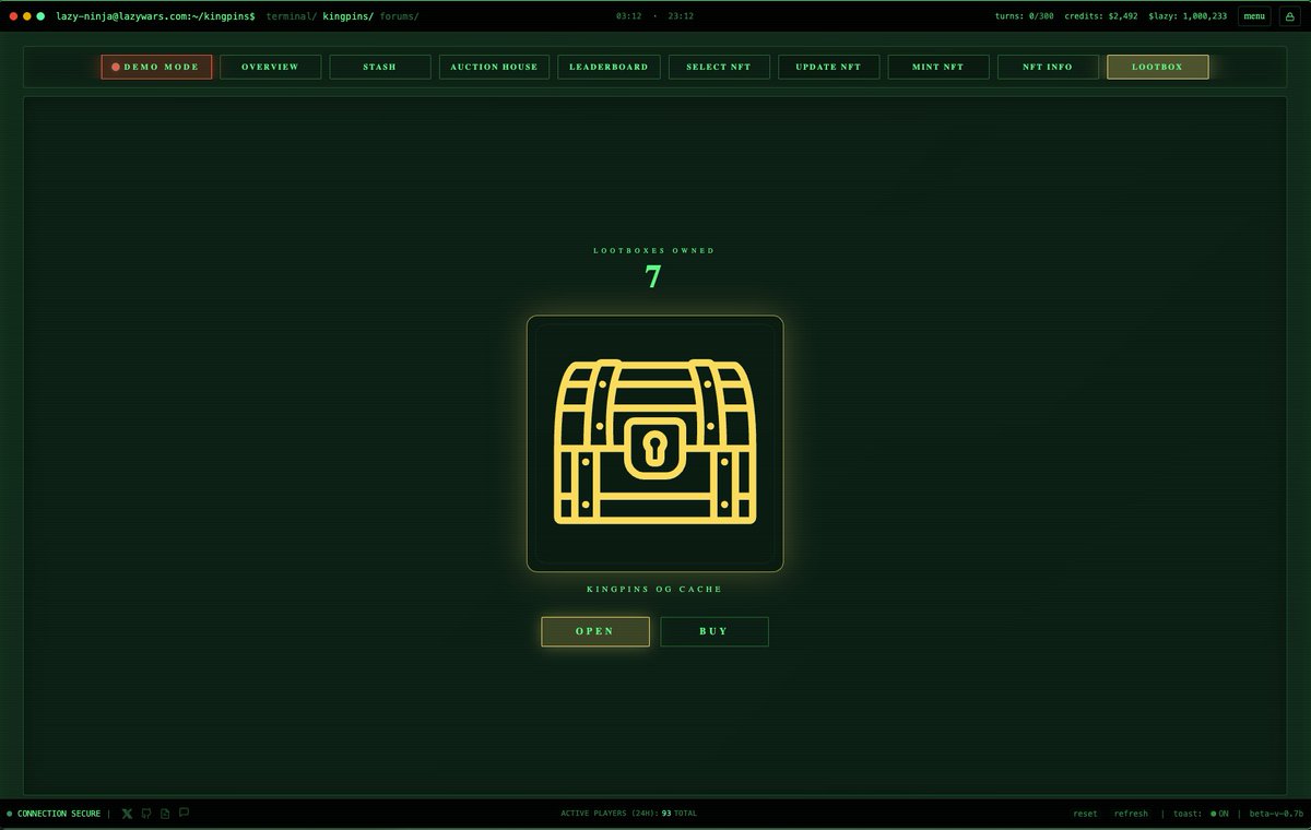 adidogCEO's tweet image. Lazywars: Kingpins NFT collection game's demo is now live at lazywars.com webapp (desktop+mobile)

The goal /w lazywars was to recreate the viral scarcity driven text-based progression UX of Pimpwars and improve on it with modern tech stacks

It was a side-project to…