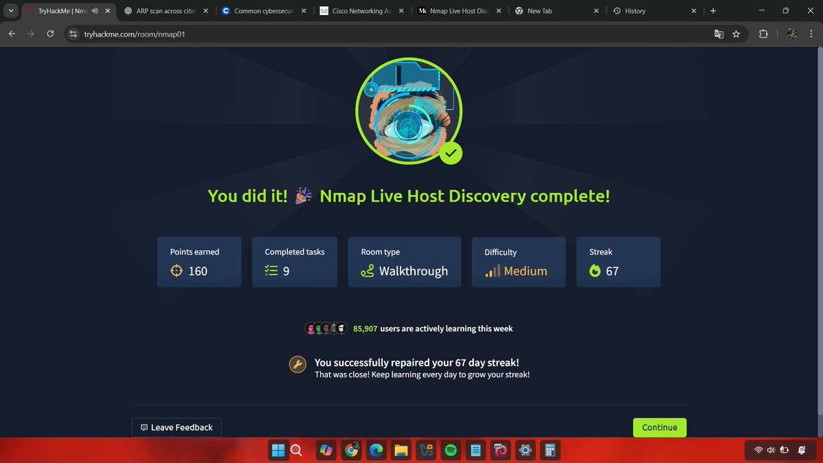Becoming a Security Researcher with <a href="/4osp3l/">Gospel</a> as my mentor — Day 35

- Finished the Nmap Live Host Discovery room on THM, then went back to Vickie’s book to learn how to write recon scripts properly. Wrapped up the day listening to some cybersecurity podcasts.