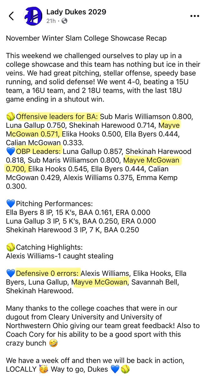 SBRRetweets's tweet image. Check this out! MayveMcGowan34: We had a great outing at the November Winter Slam College Showcase. We went 4-0 on the weekend playing in the 16u/18u division. I can’t wait to see what this season holds for us as a team!🥎
@ladydukes2029 @SGMCoryBryan @S…