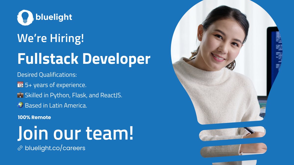 bluelightco's tweet image. We are a dynamic team working on some of the most innovative projects, and we are looking for passionate individuals to join our growing team of Engineers.

If you&apos;re a #FullstackDeveloper based in Latin America looking for a new challenge, this opportunity is for you!