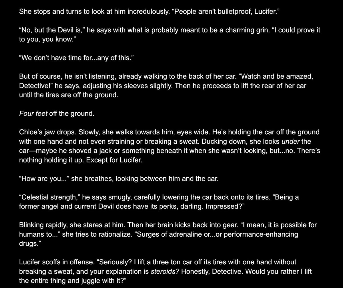 Snippet time!

All the Devil's Details ch 13—Short, Sweaty Homunculus—coming Wed 11/26.

Chloe and Lucifer investigate Delilah's death. Chloe quickly learns his methods are...unorthodox. But effective. And begins questioning who he really is.

#LuciferFanfiction
#LuciferNetflix