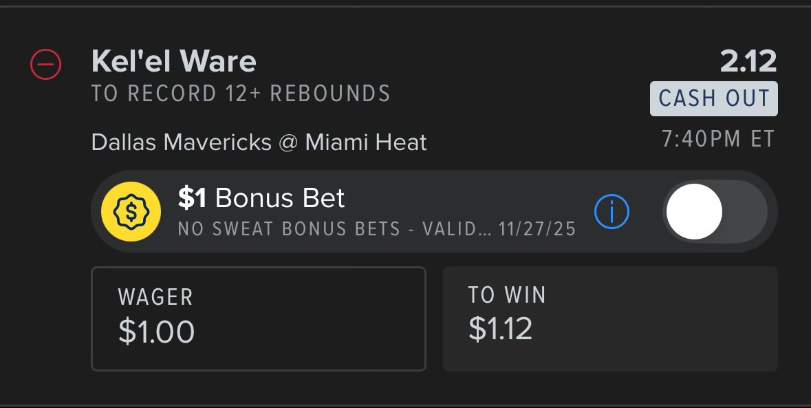 🏀 NBA 🏀

🌟Kel’el Ware 12+ Rebounds, 2.12 (1u)

Mavs have allowed the 3rd most rebounds per game and 5th most to C. Ware has hit this in 8/L10 games. 

#NBA #GamblingX