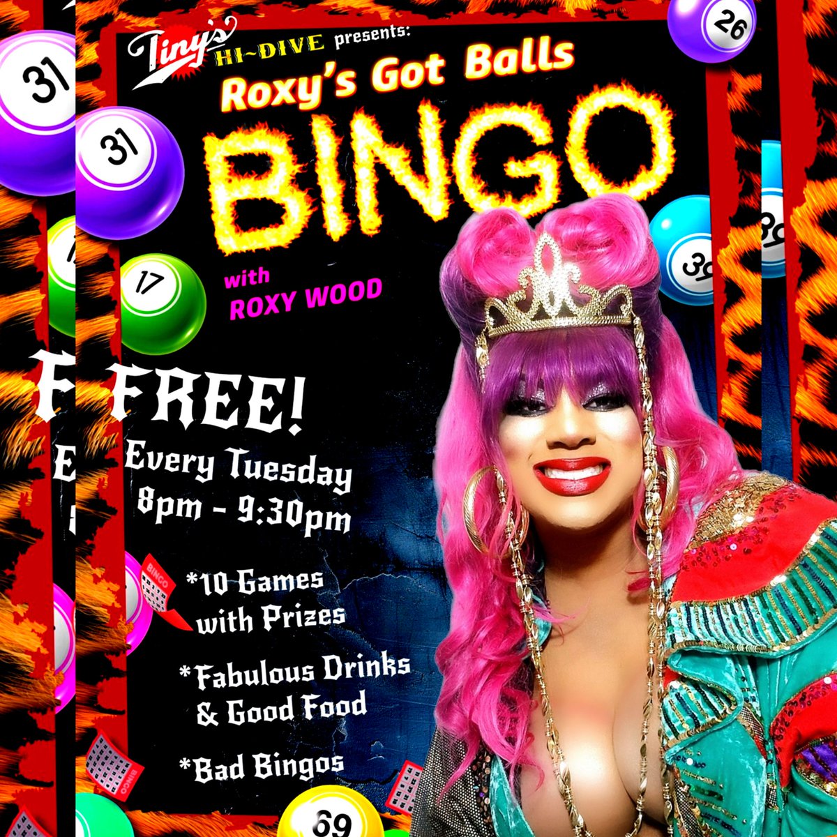 foxxyroxywood's tweet photo. 8pm EVERY TUESDAY it's "Roxy's Got Balls!" FREE BINGO @ Tiny’s Hi-Dive (12012 W Pico Blvd, Los Angeles, CA 90064). Limited seating... ARRIVE EARLY!
💝 10 Games/Prizes 
💖 Drinks/Delicious Food
💝 BAD BINGOS!!!!
💖 &amp; Me
#dragbingo #dragqueenbingo #free #freebingo #transisbeautiful https://t.co/detsTkhhiu
