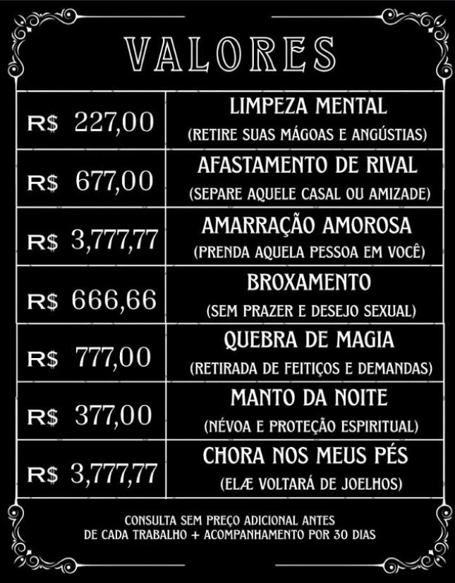 ellacartomante's tweet image. Minha tabela de valores. 🖤