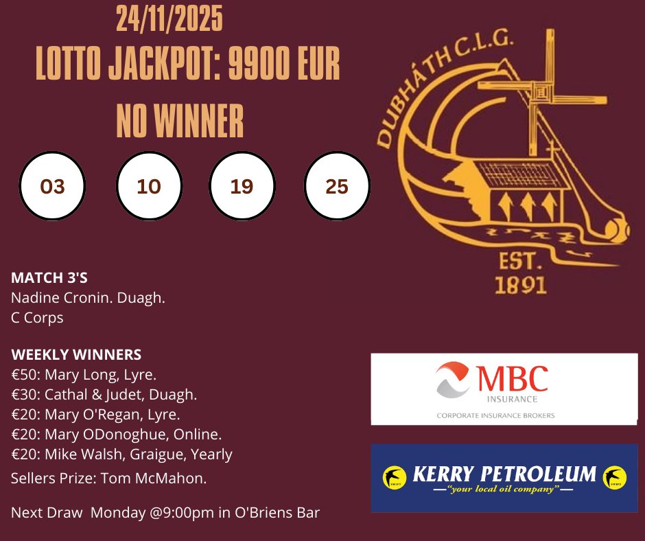 Lotto Results  24/11/25

No winner 
Thank you to our sponsors 
mbcinsurance.com
yourlocaloilcompany.ie/company/kerry-…