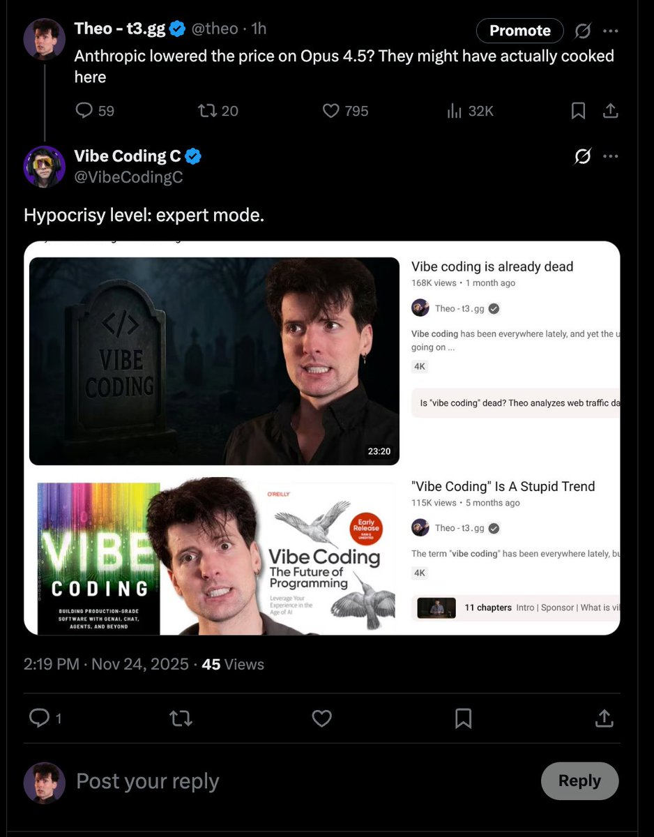 theo's tweet image. - Opus 4.5 is a good model
- &quot;Vibe coding&quot; is a misunderstood term/trend
- You should read the code you generate with AI

Apparently these aren&apos;t compatible beliefs? Sorry for being so hypocritical, I&apos;ll work on it.