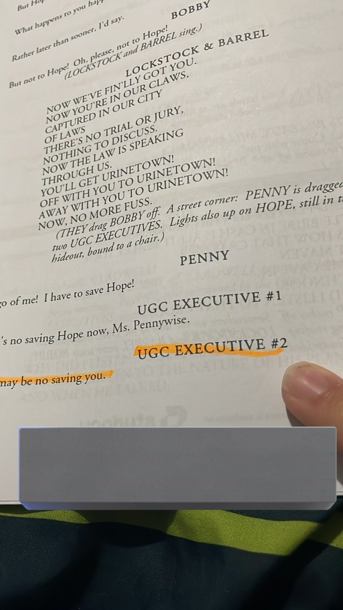 RoboticMoth's tweet image. I have one singular line in Urinetown but in happy because I didn’t even know I had it