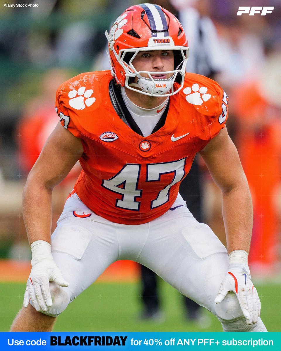 PFF_College's tweet image. Highest Graded Linebacker from Week 13:

🐅 Sammy Brown, Clemson: 87.9

@ClemsonFB