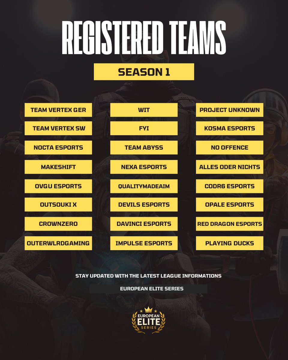 The European Elite Series has officially arrived.

Here are the teams competing in Season 1 of the EES Paid League. Kicking off today. ⚔️🔥

24 teams.

One champion.

Welcome to Europe’s new controller battleground.
#EES #EuropeanEliteSeries #R6 #RainbowSixSiege #Esports