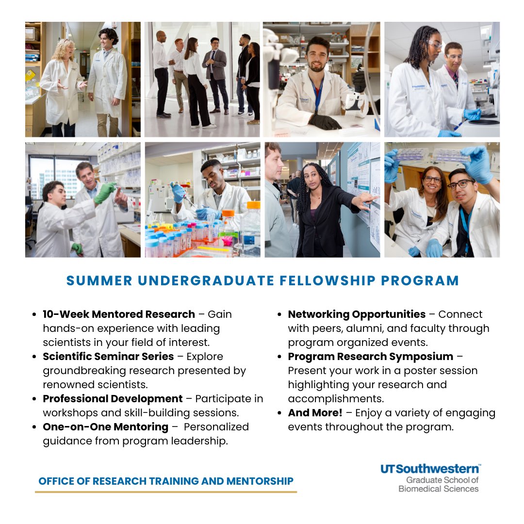 ADiaz_PhD's tweet image. ✅ Attention Undergrads! Are you looking for a summer research program? Explore SURF &amp;amp; the Amgen Scholars Program at @UTSWGradSchool! Gain hands-on experience with leading scientists in your field, develop your skills, expand your network, &amp;amp; more. Applications are now open! 🧫🧬
