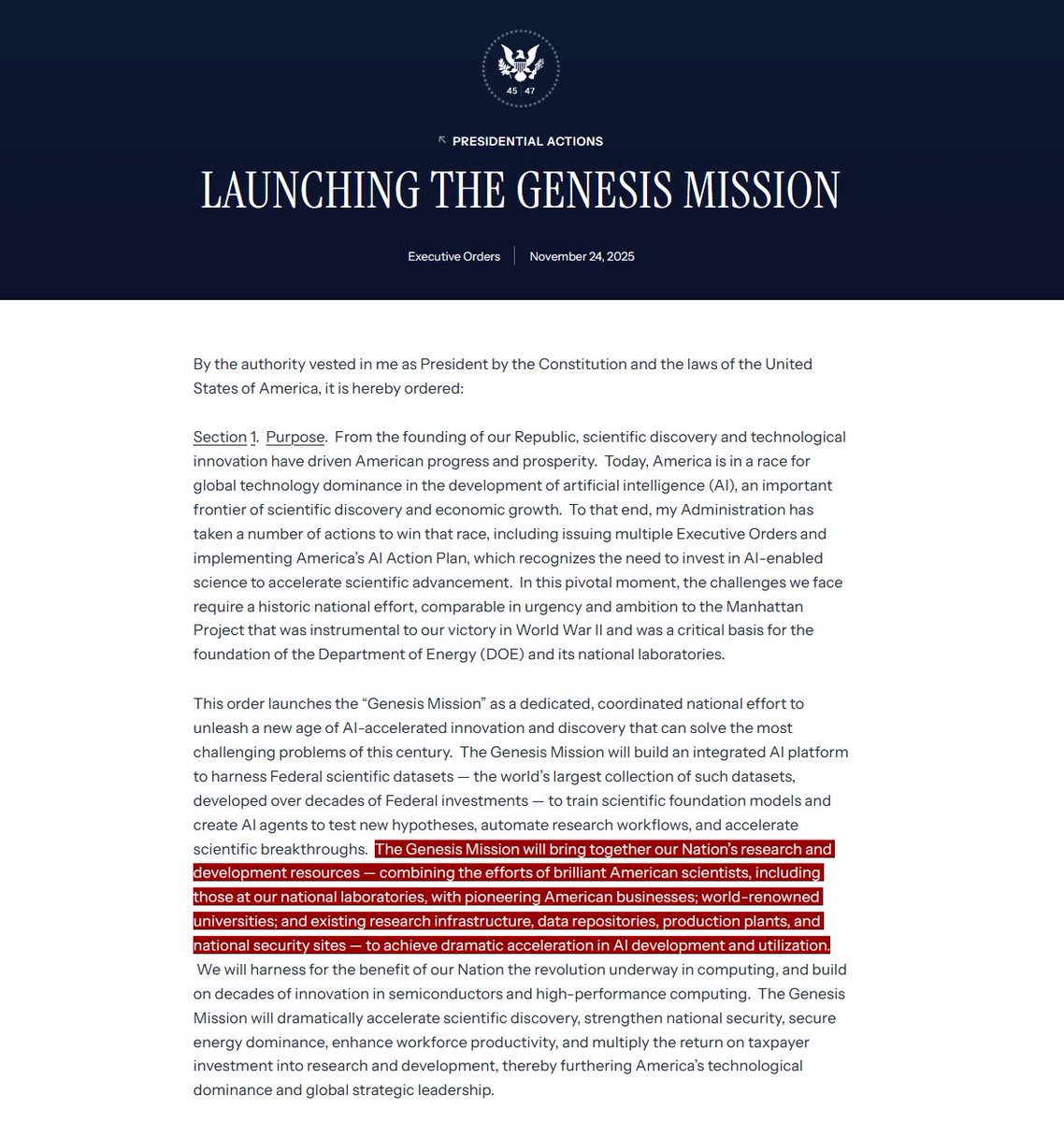 disclosetv's tweet image. JUST IN - Trump signs &quot;Genesis Mission&quot; executive order to build an &quot;integrated AI platform&quot; with access to &quot;Federal scientific datasets&quot; to dramatically accelerate AI development &quot;comparable in urgency and ambition to the Manhattan Project&quot; that developed nuclear weapons.