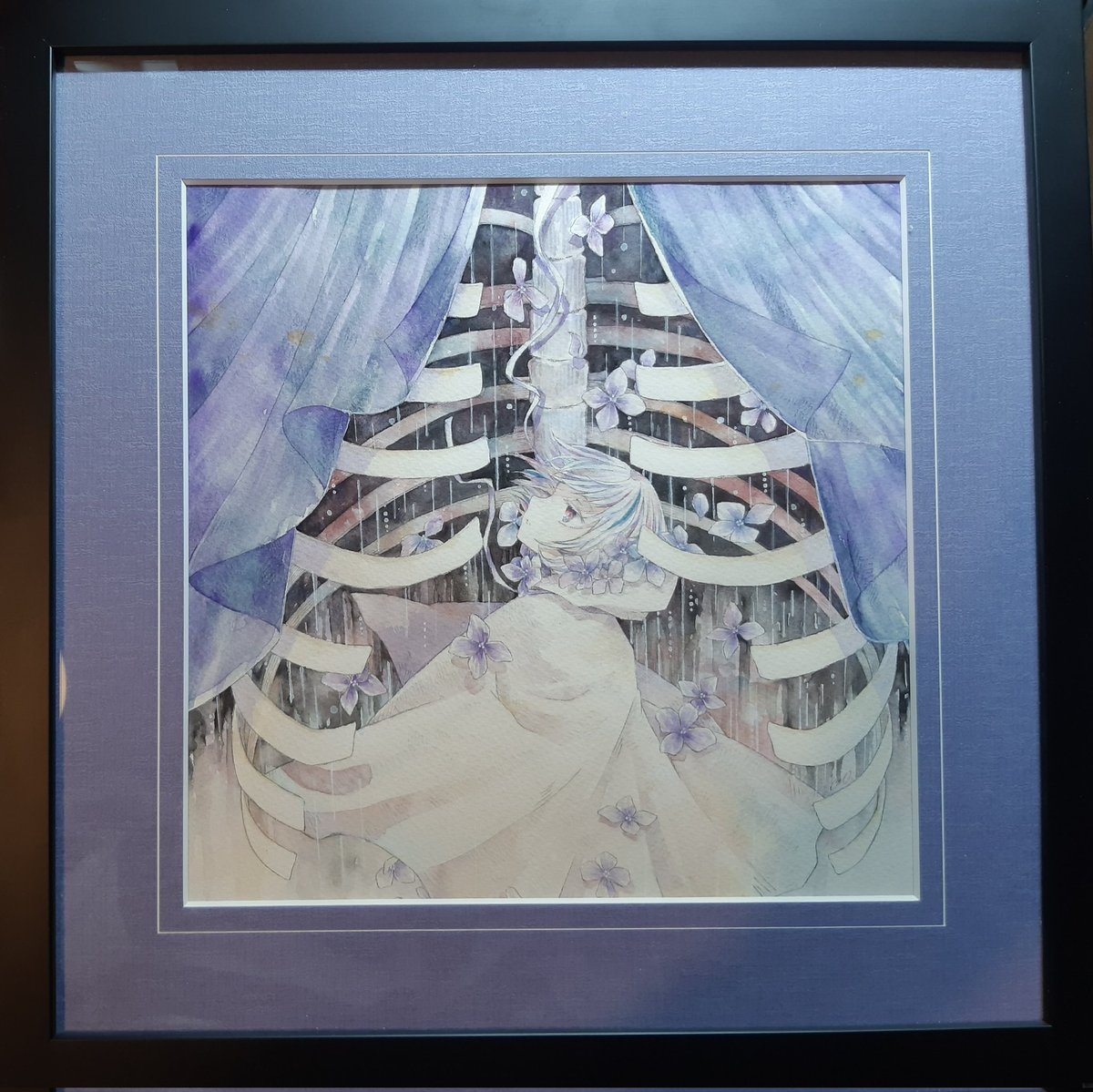 むらまつちひろ、「脳しんとう」、希少画集・額装画、日本製・新品額縁 額縁：MRN-D1001-B ブラック マット色：ABL-512 紙(2mm厚)雅りんどう