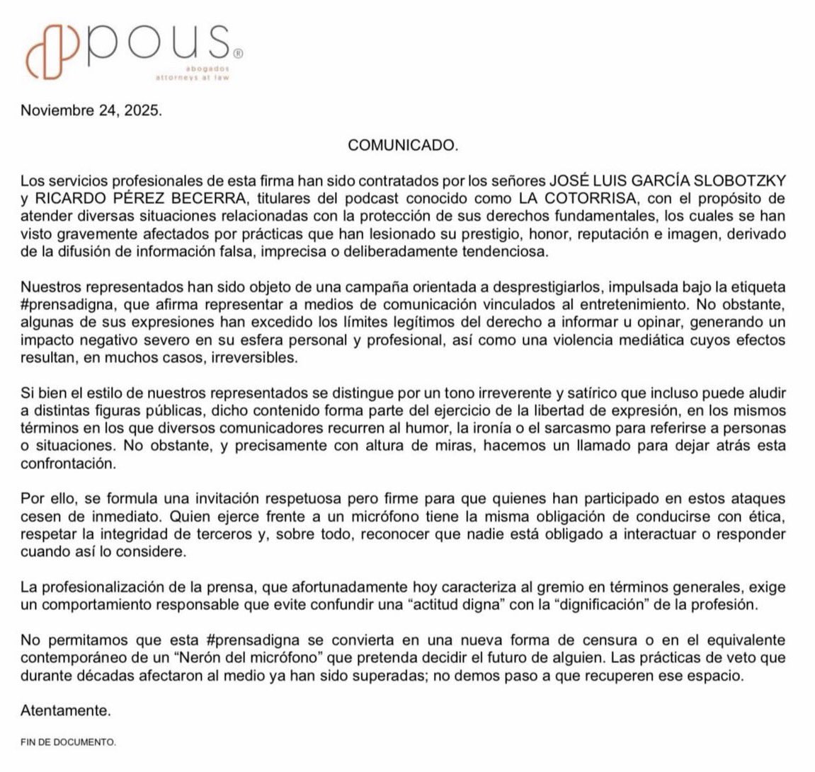 raulgtzoficial's tweet image. 😱Los integrantes de La Cotorrisa, José Luis García y Ricardo Pérez, han contratado a la firma del prestigioso abogado Guillermo Pous (@guillermopous) para salvaguardar su prestigio, honor y reputación 🎙️⚖️.
Esta decisión surge como respuesta a una campaña de desinformación…