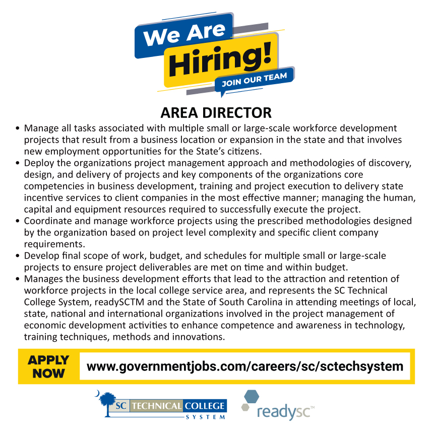 SCTechSystem's tweet image. NOW HIRING a readySC Area Director based at Central Carolina Technical College! Min reqs: bachelor&apos;s degree in a related area and experience in marketing, economic development, sales, or customer service. For more info and to apply online, go to governmentjobs.com/careers/sc/sct….