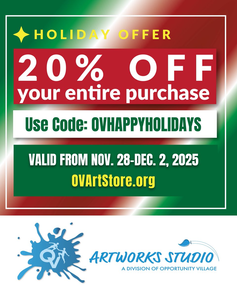 🎁 Special #HolidaySale: Take 20% off your entire purchase with code OVHAPPYHOLIDAYS
Nov 28 - Dec. 2. Shop now at OVArtStore.org.

This season, give gifts that change lives. ❤️ Every purchase from OV Artworks Studio supports local artists with developmental disabilities!