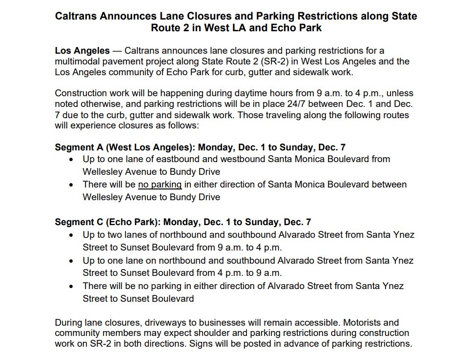 CaltransDist7's tweet image. ⚠️ STATE ROUTE 2 MULTIMODAL PROJECT ⚠️

Lane reductions and parking restrictions for multimodal project along SR-2 in West Los Angeles and Echo Park from 12/1 to 12/7. Details below.

Alerts: forms.cloud.microsoft/g/vzCYhcDxWh
