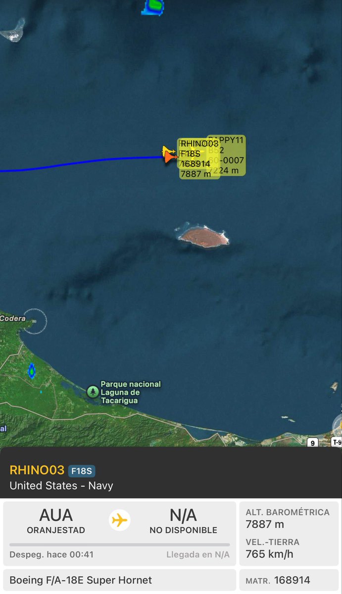 🔴Boeing B-52H Stratofortress (60-0007) de la United States - Air Force 🇺🇸 “PAPPY11” y 2x Boeing F/A-18E Super Hornet (168914 y 168819) de la United States - Navy 🇺🇸 “RHINO04” y “RHINO03” por el mar del #Caribe frente a las costas de #Venezuela 🇻🇪 concretamente de #Caracas