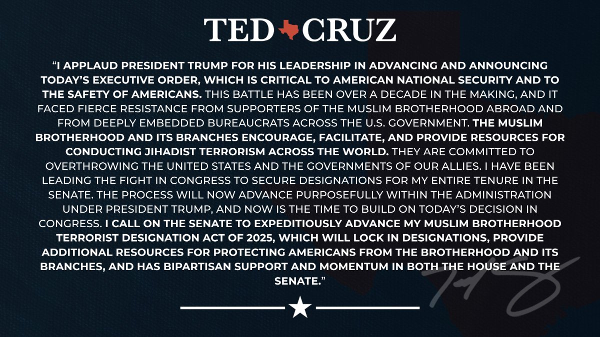 SenTedCruz's tweet image. RELEASE: Sen. Cruz Statement on President Trump’s Executive Order on Muslim Brotherhood Terrorism Designations

cruz.senate.gov/newsroom/press…