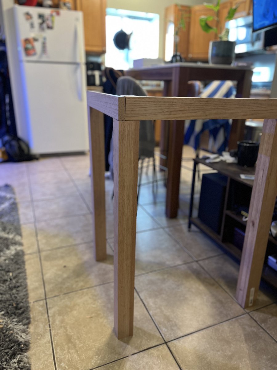 TimJBaron's tweet photo. Building an aquarium stand and trying to mimic the look of the CB2 kitchen table behind it. 

For strength should I do the 1x3 boards as they are with pocket holes, or do a diagonal joint?? 

I want to hide the grain w/ diagonal, but I’m leaning towards the pocket joint for 💪 https://t.co/8vmKxHgxbn