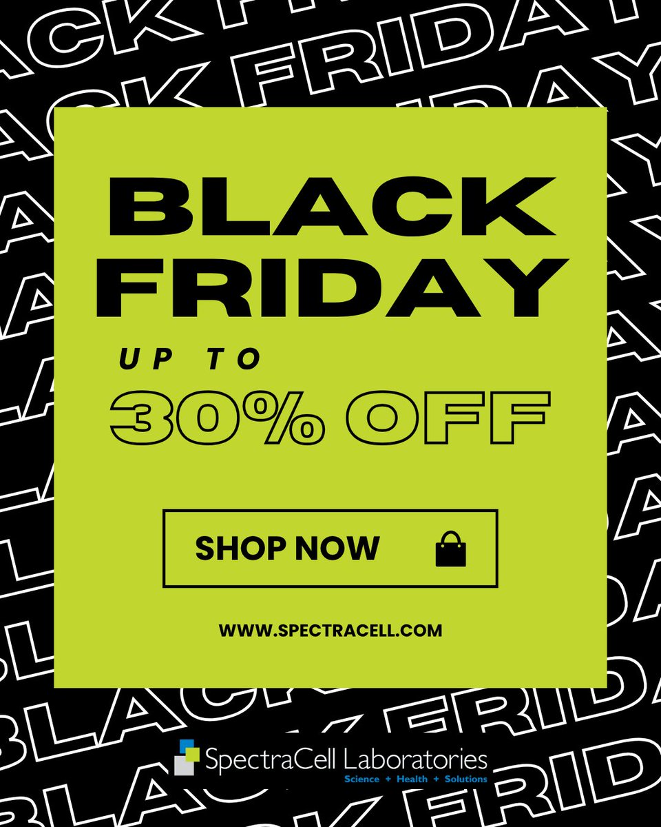 SpectraCellLab's tweet image. 🎉 30% OFF Sitewide using the code FRIDAY30!
Now through Nov 28.

Holiday Notice:
Our lab will be closed Nov 26–27.
Orders and sample processing resume Nov 28.
 
#BlackFriday #Wellness #PreventiveHealth #SpectraCell #HealthcareInnovation #FunctionalMedicine #HealthOptimization