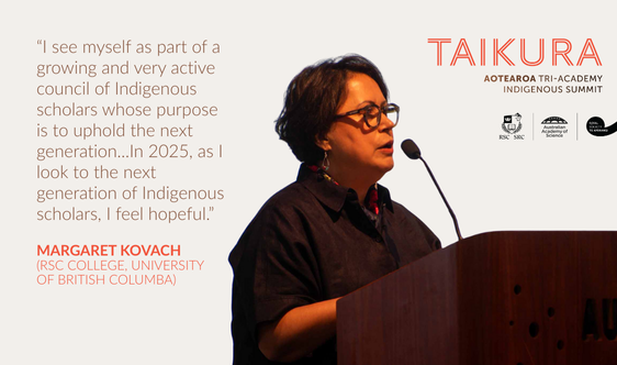 src_rsc's tweet image. Margaret Kovach (RSC College, @UBC) reflects upon the “paradox of hopelessness and hope in this moment,” and shares insights on how research can foster flourishing Indigenous futures. #Taikura