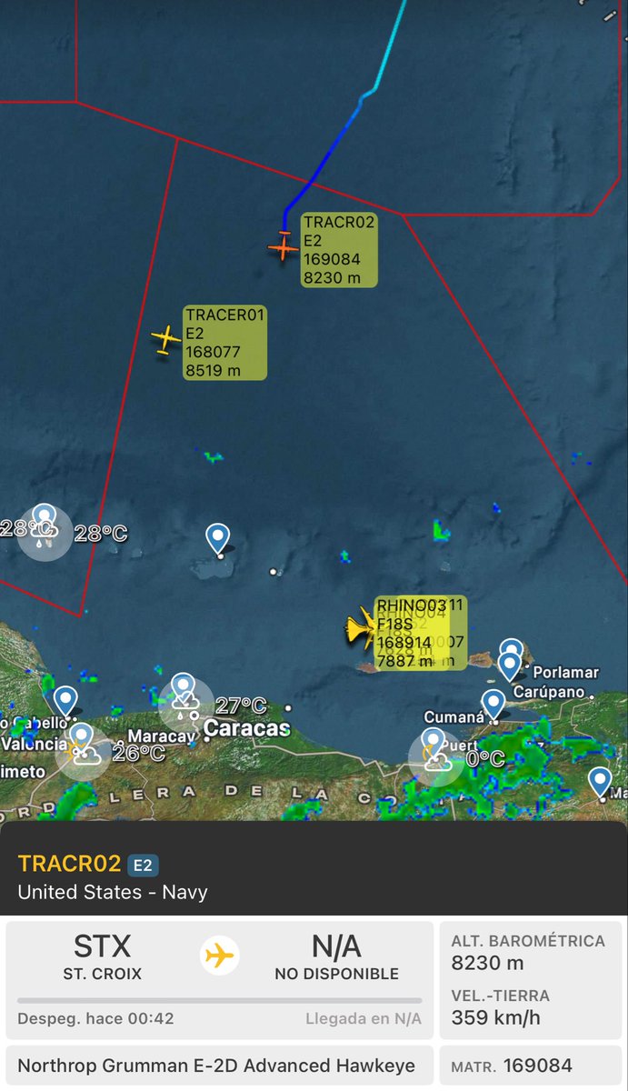 🔴En la zona también están 2x Northrop Grumman E-2D Advanced Hawkeye (168077 y 169084) de la United States - Navy 🇺🇸 “TRACER01” y “TRACER02” pertenecientes al portaaviones USS Gerald R. Ford (CNV-78).