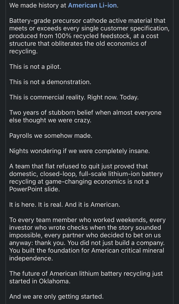 alessandrobanca's tweet image. American Li-Ion (Green Li-Ion) $LODE

Future is here. 

#AmericanMade #LithiumRecycling #CriticalMinerals #CleanEnergy #NationalSecurity #TeamWork #Grateful