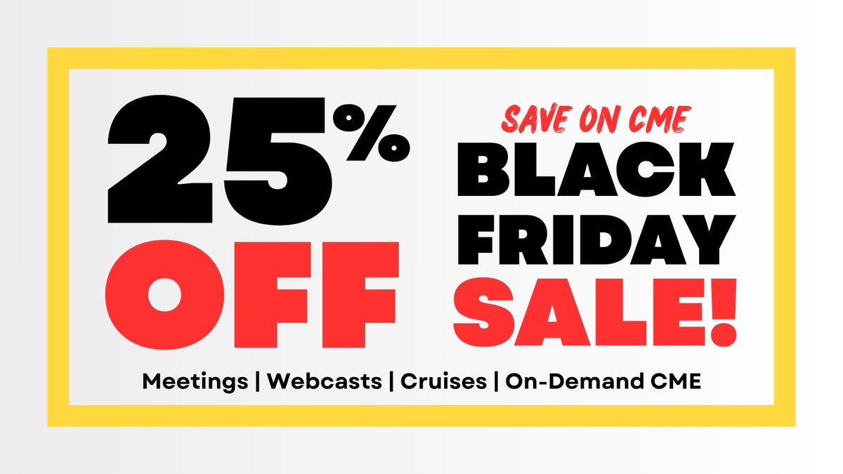 Edusymp's tweet image. ✨ ESI’s Black Friday CME Sale starts Nov 25, but the Coupon Code BF25 is active now!

Save 25% sitewide on:
• Meetings
• Webcasts
• Cruises
• On Demand CME

Plan ahead for your end-of-year or 2026 CME and save.

Find your preferred CME
zurl.co/NIFIm

#CME…