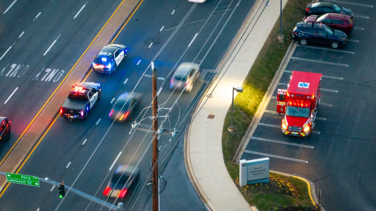 Gaithersburg, MD - Aerial of the scene of a reported pedestrian struck IAO N Frederick Ave / Perry Parkway.