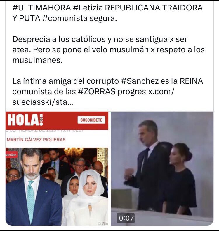 sueciasski's tweet image. #LETIZIIA NO es REINA. Es CONSORTE. 
👉Comunista, atea, anti católica, pro musulmana, pro #amnistia a etarras, terroristas, golpistas
👉Abortista, delincuente y corrupta. 
👉Junto a su amigo íntimo Pedro Sanchez han destruido España 🇪🇸. Son el cáncer y veneno de la sociedad.