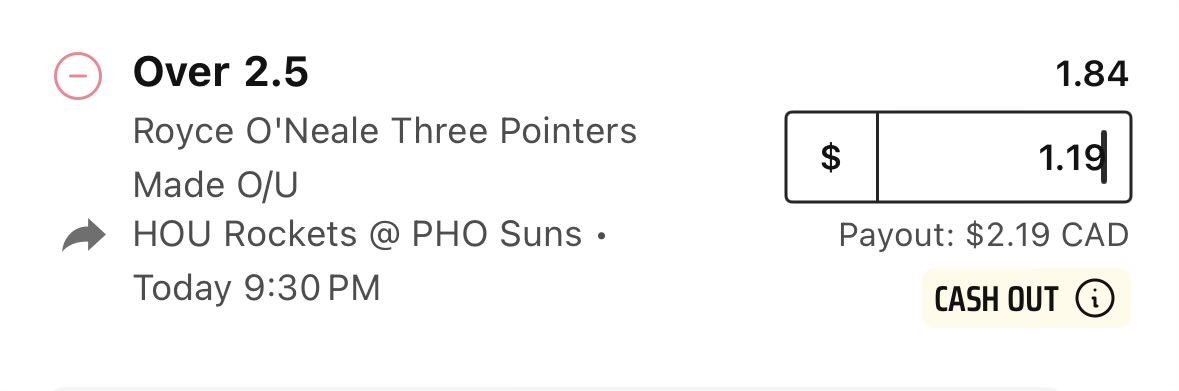 🏀 NBA 🏀

🌟Royce O’Neale o2.5 Threes, 1.84 (1.19u)

Rockets have allowed the 7th most threes per game to SF. Royce has gone over this in 13/17 games this year. 

#NBA #GamblingX