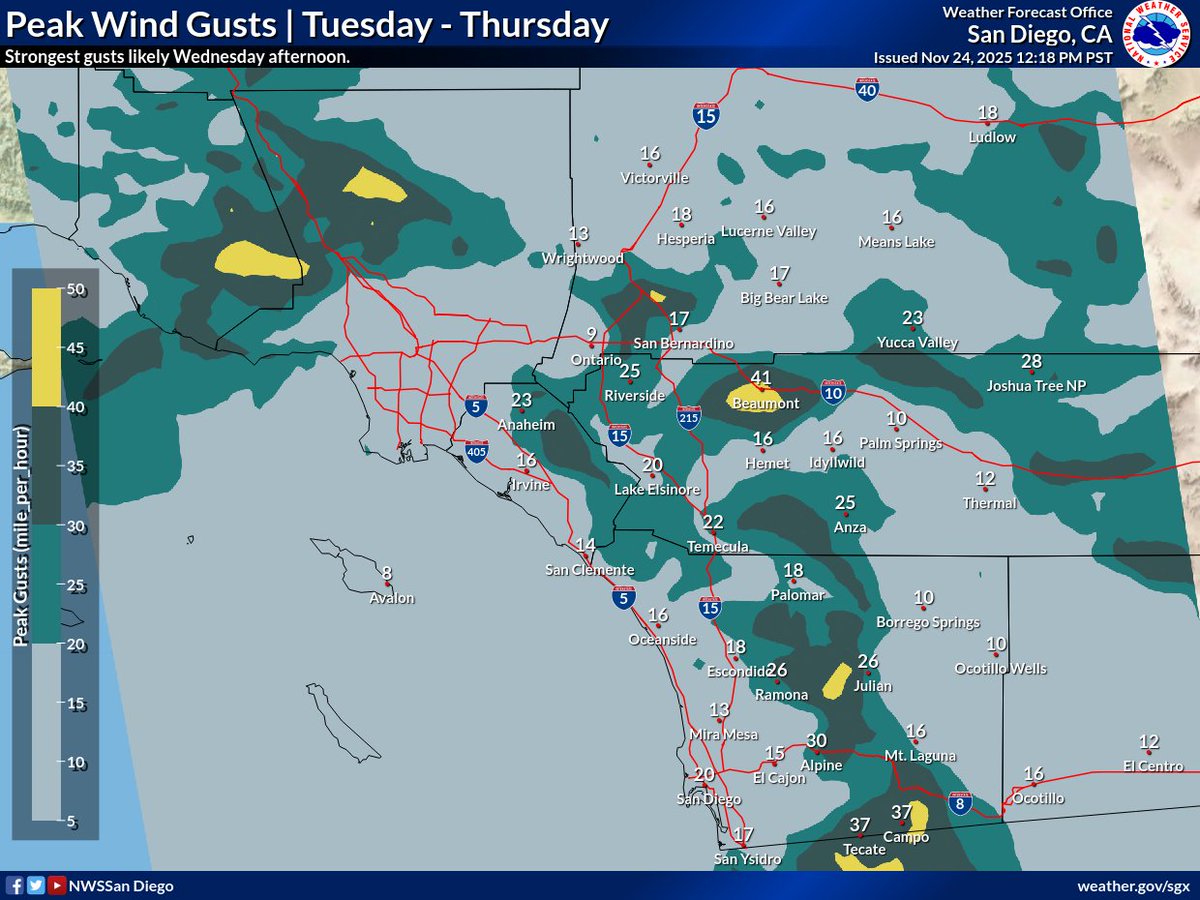 NWSSanDiego's tweet image. Weak Santa Ana winds will increase Tuesday morning, focused mainly along coastal slopes and mountain passes. Humidity will drop and high temperatures increase into Wednesday afternoon as a result. Cooler and potentially unsettled weather to come this weekend.