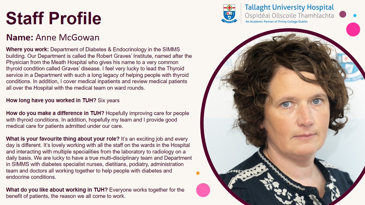 TUH_Tallaght's tweet image. Anne McGowan, Consultant Endocrinologist at the Hospital, says she feels lucky to lead a service dedicated to caring for patients with thyroid conditions and diabetes. 💙 #Endocrinology #DiabetesCare #ThyroidHealth