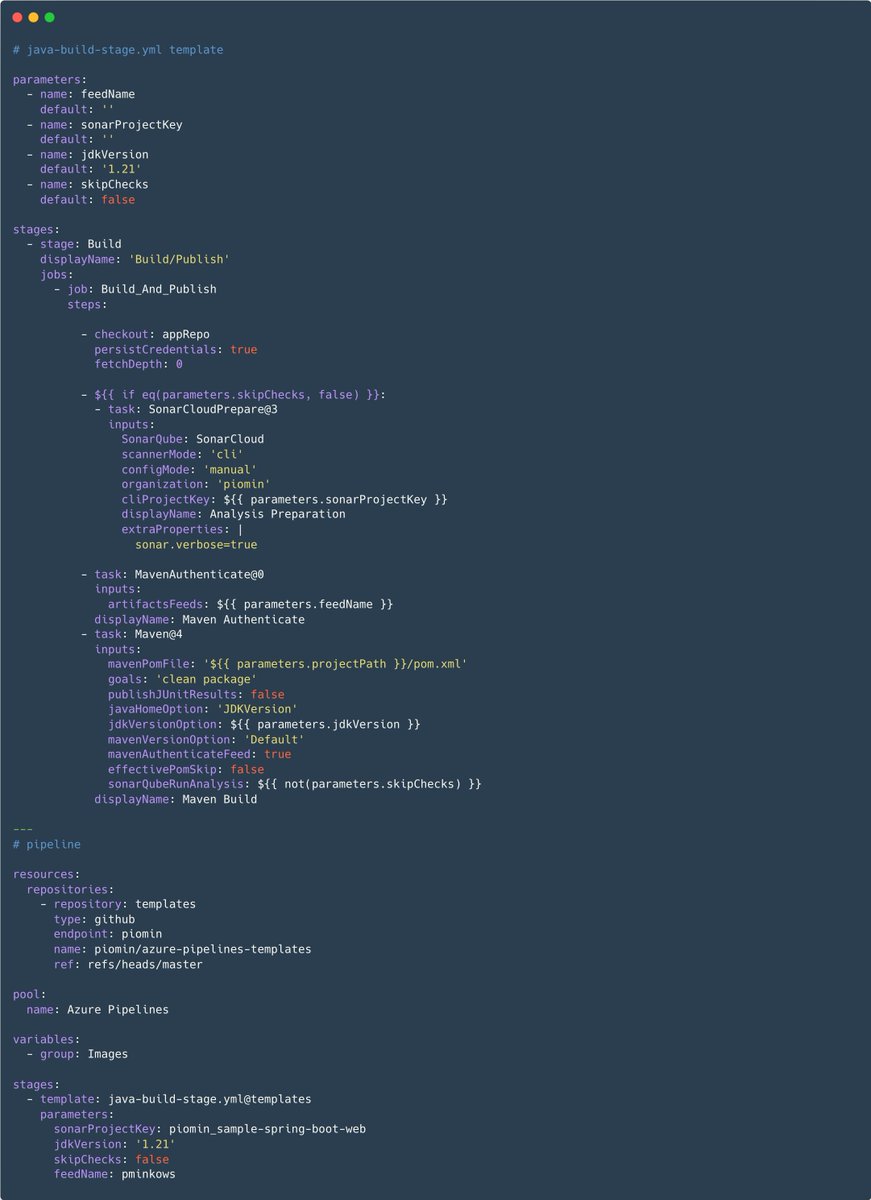 piotr_minkowski's tweet image. You won&apos;t believe what I&apos;ve been spending a lot of time on lately - Azure Pipelines. It can be frustrating, but it has one cool feature - global templates. So you create a template in the repo, and then easily include it in all pipelines.

#azuredevops #pipelines #templates
