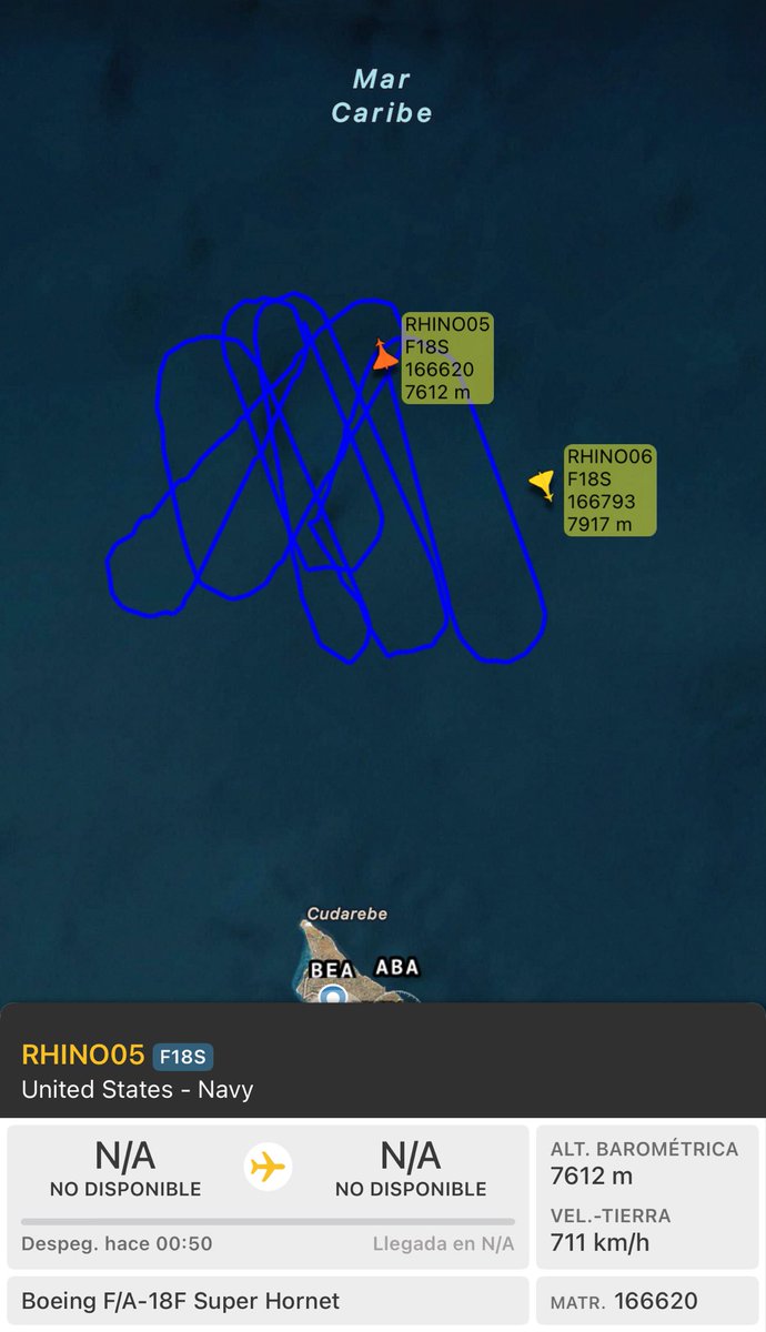 🔴Al noroeste de Venezuela,se “suman a la fiesta” 2x Boeing F/A-18E Super Hornet (166793 y 166620) de la United States - Navy 🇺🇸 “RHINO05” y “RHINO06”.