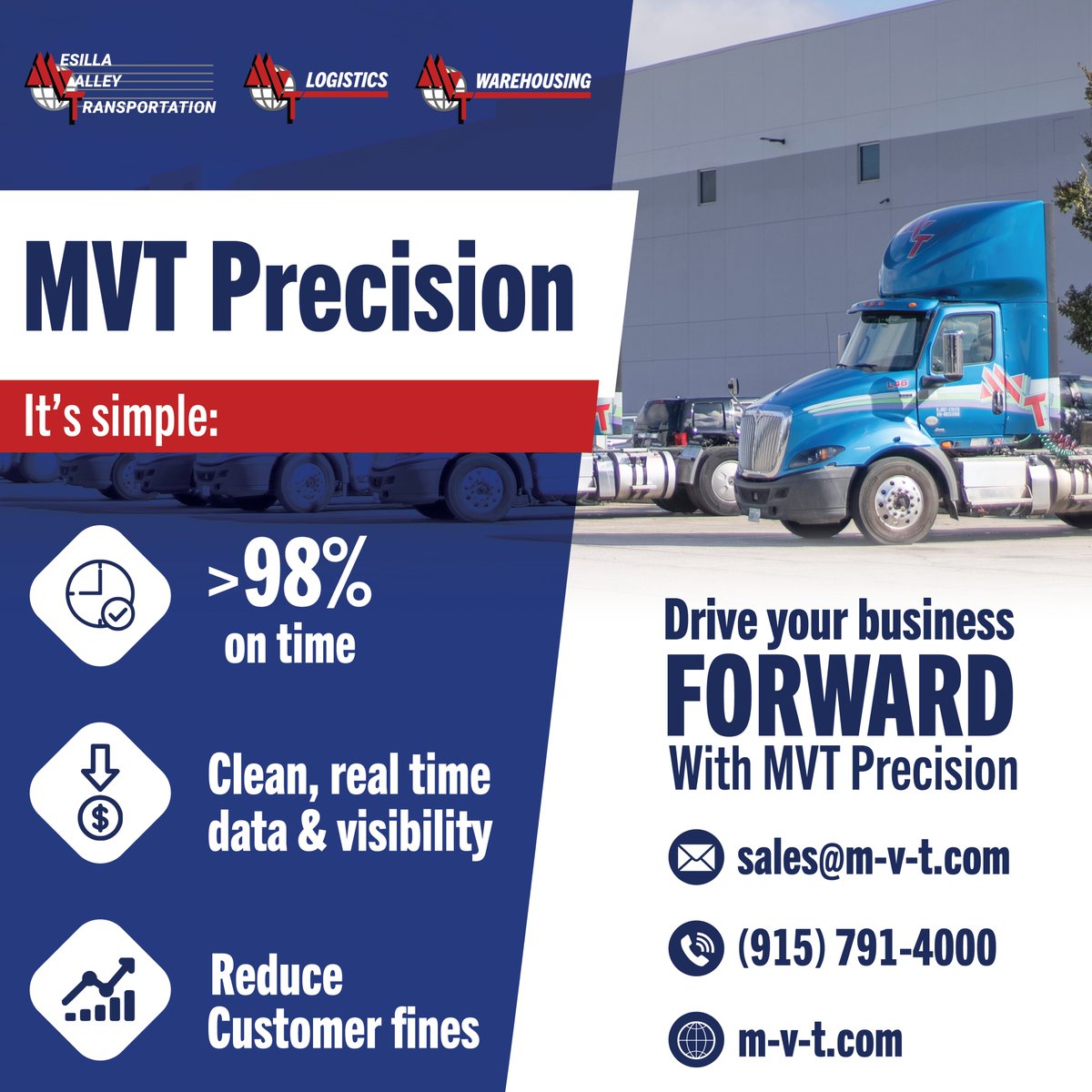 MVTServices's tweet image. #MVTPrecision delivers 98%+ on-time performance, real-time visibility, and fewer fines, earning recognition from Fortune 500 companies. With truckload, warehousing, and logistics solutions, we’re the partner that helps your business grow.

📩 sales@m-v-t.com

#LogisticsServices