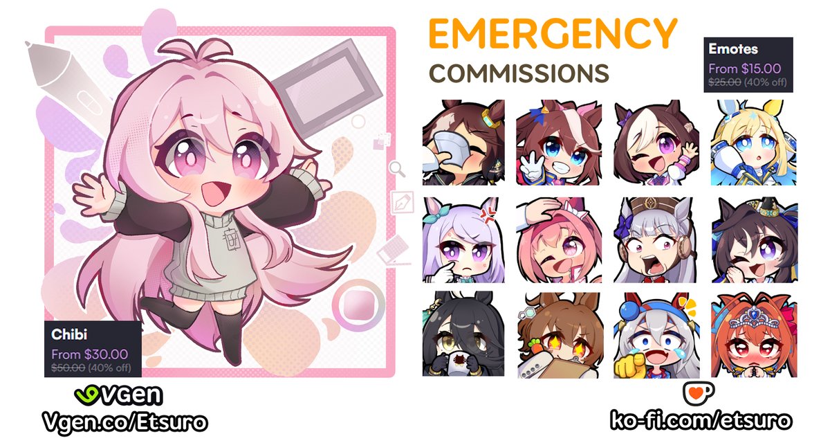 EtsuroArt's tweet image. EMERGENCY COMMISSIONS
40% Discount
I've been piling up some medical and rent expenses, with my sister hip surgery and me on full rest for at least 2 months for a leg situation, I can't go to open my business so that means no income.
Any commision is really helpful even a rt is a…