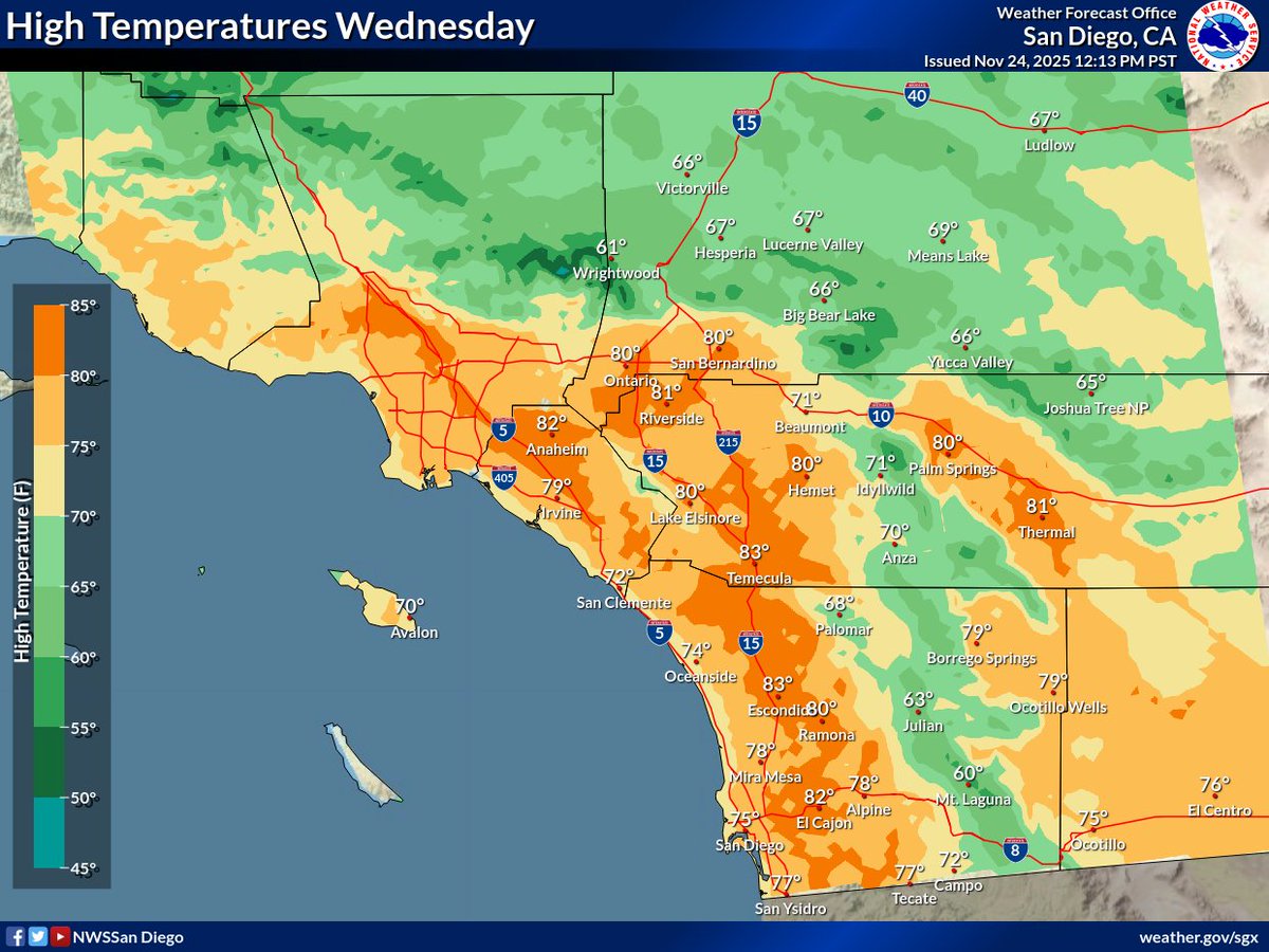 NWSSanDiego's tweet image. Weak Santa Ana winds will increase Tuesday morning, focused mainly along coastal slopes and mountain passes. Humidity will drop and high temperatures increase into Wednesday afternoon as a result. Cooler and potentially unsettled weather to come this weekend.