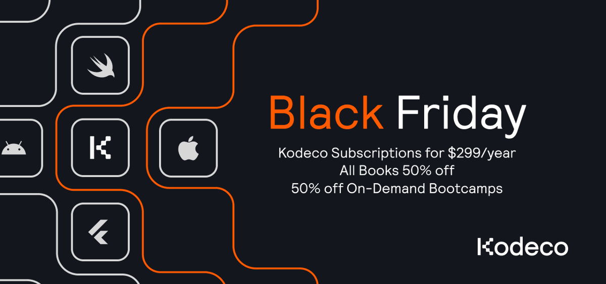 kodecodev's tweet image. Black Friday is live! 🎉

£299 annual subscription + 50% off books + 50% off on-demand bootcamps.
This week only.

#Kodeco #BlackFriday