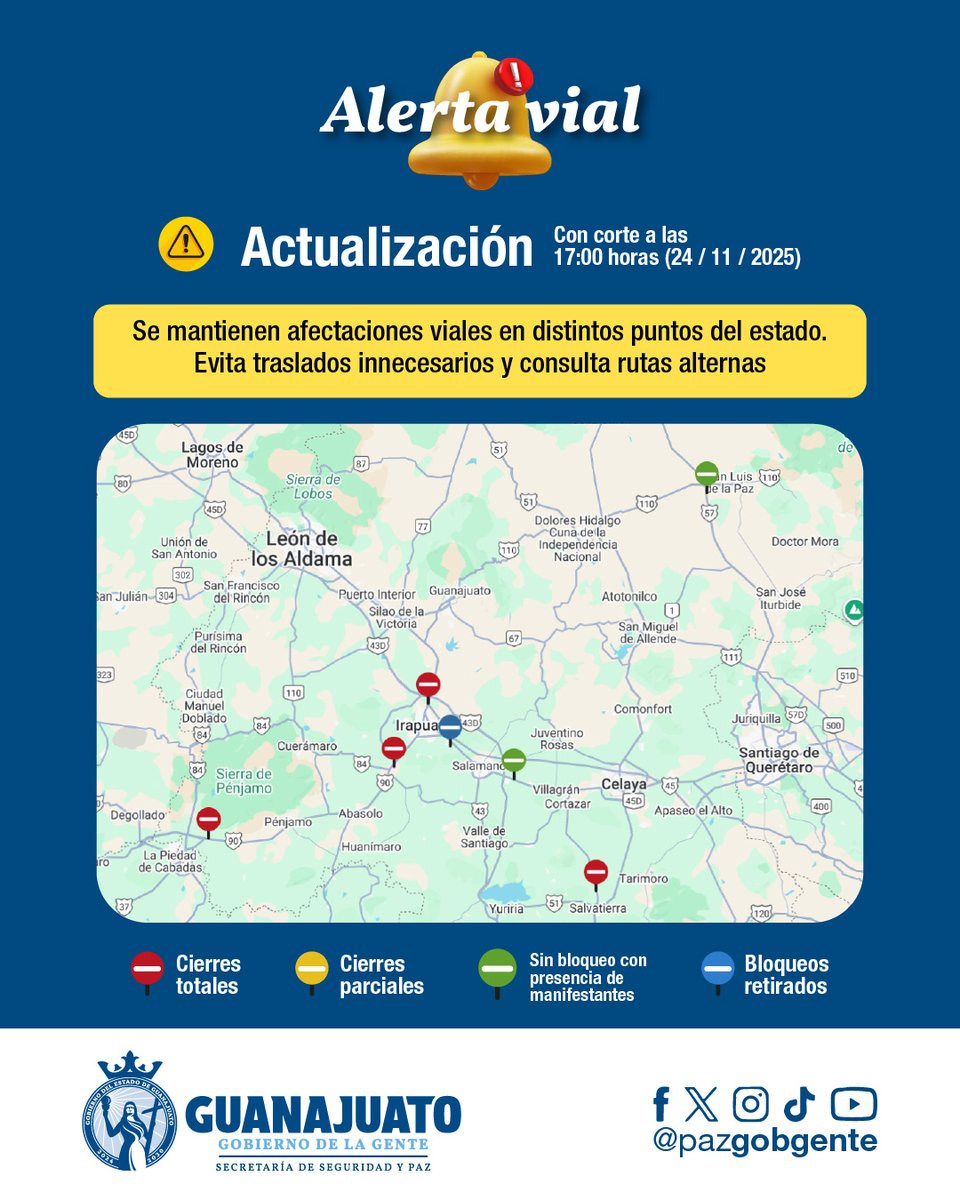 #AlertaVial 🚧 ACTUALIZACIÓN de cierres viales con corte a las 17:00 hrs

🔴 CIERRE TOTAL

📍#Irapuato carretera federal 45 Irapuato - Silao en el distribuidor vial de la carretera 43D.
📍#Irapuato carretera federal 90 Irapuato – Abasolo, carriles bloqueados en dirección a