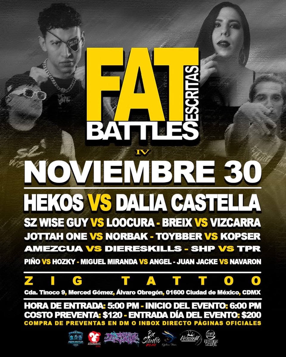 #FATESCRITAS4 
Todo listo para este domingo 30 de noviembre en Zig Tattoo para la cuarta edición de las Fat Escritas. Tenemos un line UP espectacular con una estelar que promete ser histórica, no se pierdan de vivir esta edición.
#Battlerap #Batallasescritas #CDMX #Mexico #viral